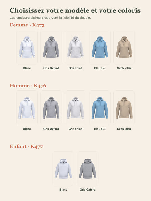 Coloris disponibles des sweats personnalisés femme, homme et enfant