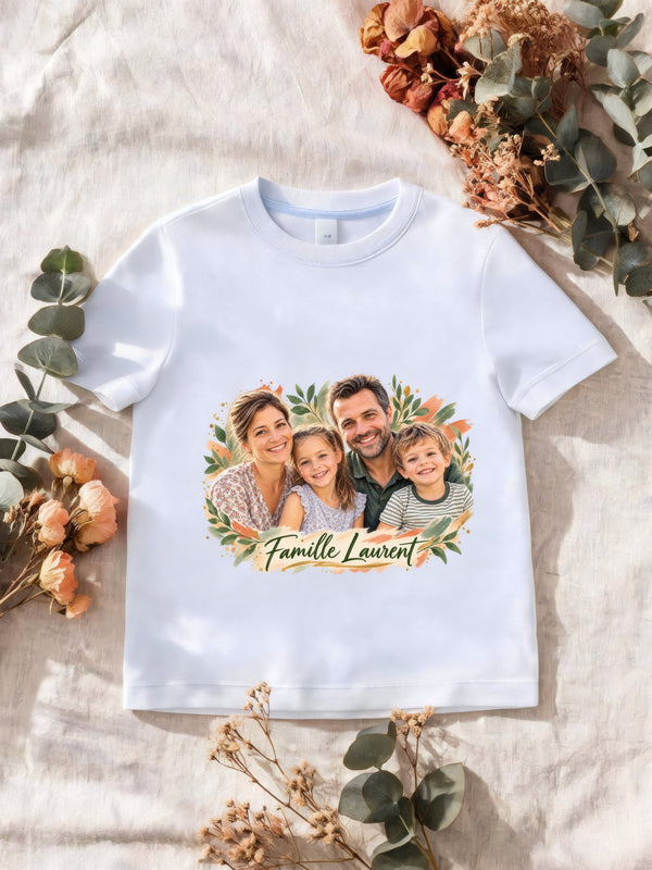 T-shirt blanc avec un portrait de famille en style Portrait signature, texte « Famille Laurent »