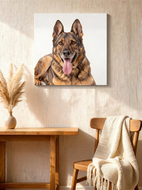 Tableau toile portrait personnalisé de chien accroché au mur d'un salon cocooning