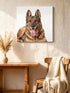 Tableau toile portrait personnalisé de chien accroché au mur d'un salon cocooning