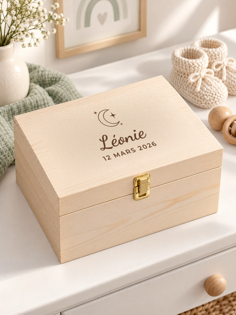 Visuel d’illustration – boîte en bois sur une commode de chambre de bébé près d’un chausson tricoté, gravée « Léonie, 12 mars 2026 » (exemple)