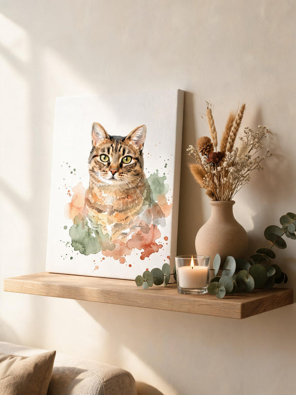 Toile portrait de chat aquarelle personnalisé posée sur une étagère en bois