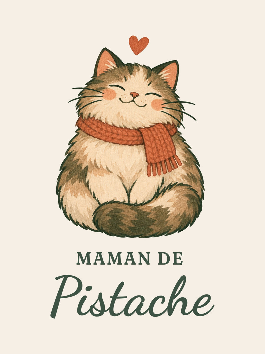 Visuel d’illustration – gros plan du motif : un chat en écharpe et « Maman de Pistache » (exemple de prénom)