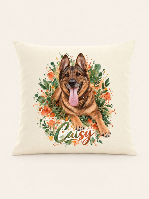 Visuel d’illustration – housse de coussin naturel 40 × 40 cm, vue de face, avec le portrait à l’aquarelle de Caisy, berger allemand, et son prénom