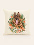 Visuel d’illustration – housse de coussin naturel 40 × 40 cm, vue de face, avec le portrait à l’aquarelle de Caisy, berger allemand, et son prénom