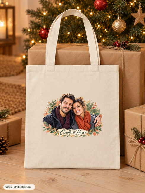 Visuel d’illustration – tote bag au pied d’un sapin de Noël, entre des paquets kraft, avec un portrait de couple fictif en style Portrait signature, prénoms « Camille & Hugo »