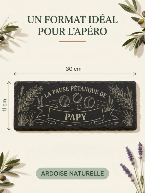 Dimensions de la planche pétanque en ardoise personnalisée 30 x 11 cm