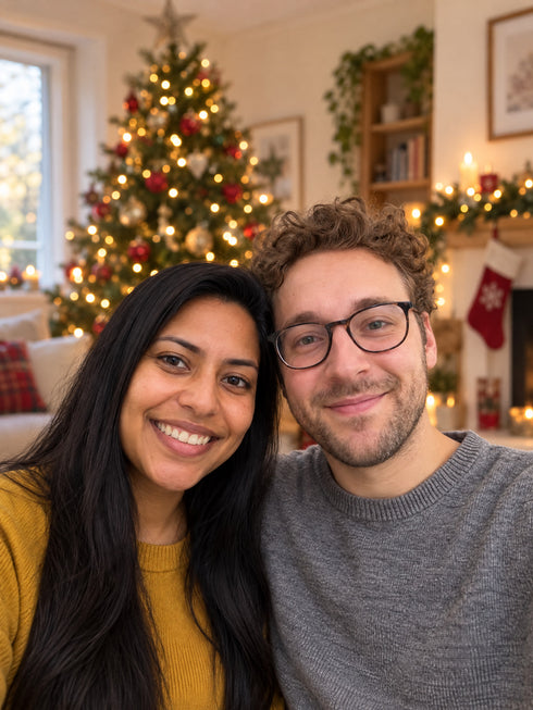 Visuel d’illustration – la photo d’origine : un couple fictif, chez lui, sapin de Noël flou derrière (personnes fictives)