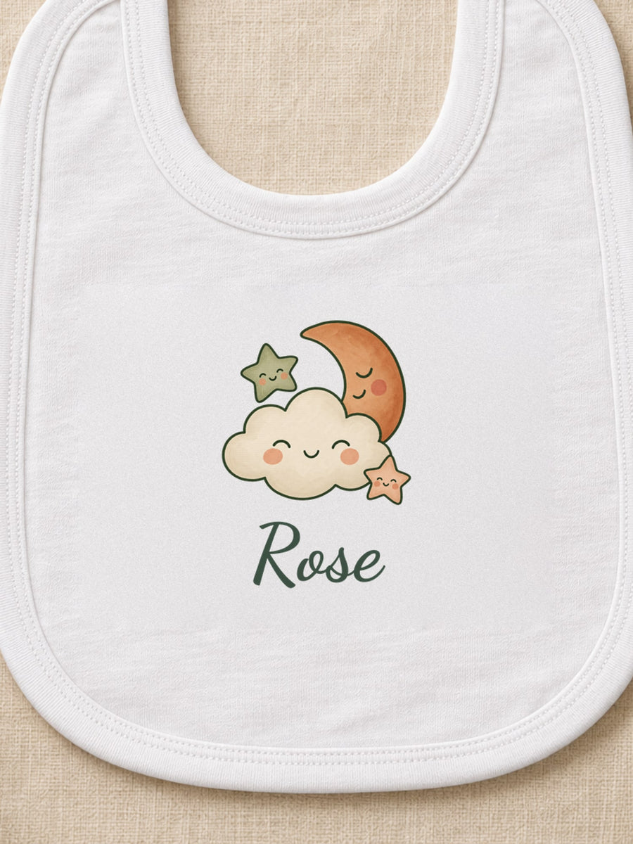 Visuel d’illustration – gros plan du petit nuage, de la lune et du prénom « Rose » imprimés
