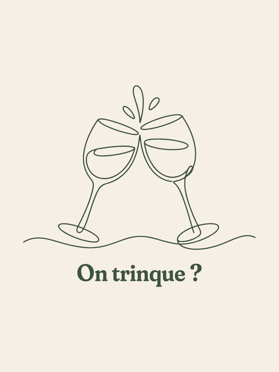 Visuel d’illustration – gros plan du motif : deux verres à vin qui trinquent, dessinés d’un seul trait continu et « On trinque ? »