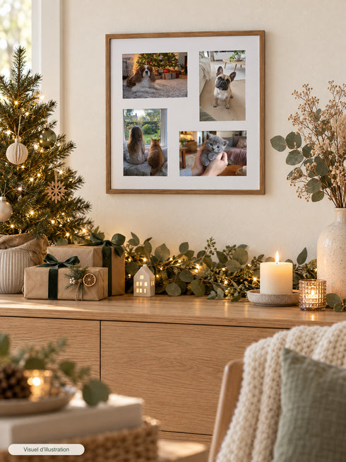 Visuel d’illustration – cadre photo marron aspect bois à passe-partout blanc, avec quatre photos d’illustration de chiens et de chats, deux en paysage et deux en portrait, accroché au-dessus d’un buffet décoré pour Noël, petit sapin et guirlande
