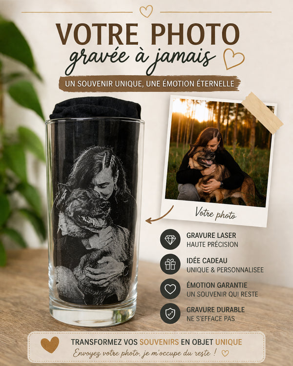 Verre Gravé Photo Personnalisé — Gravure Laser Haute Précision, Cadeau Émotion Unique