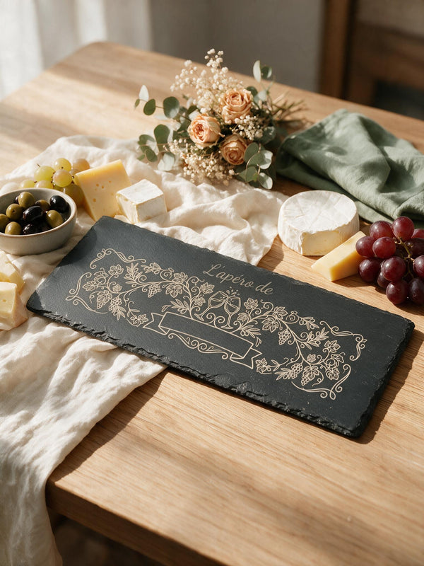 Planche apéro personnalisée en ardoise gravée dans une ambiance chaleureuse