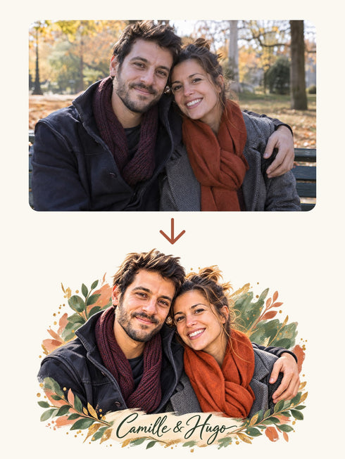Une photo de couple transformée en portrait illustré, avant impression