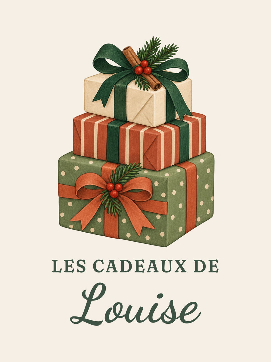 Visuel d’illustration – gros plan du motif : une pile de paquets cadeaux et « Les cadeaux de Louise » (exemple de prénom)