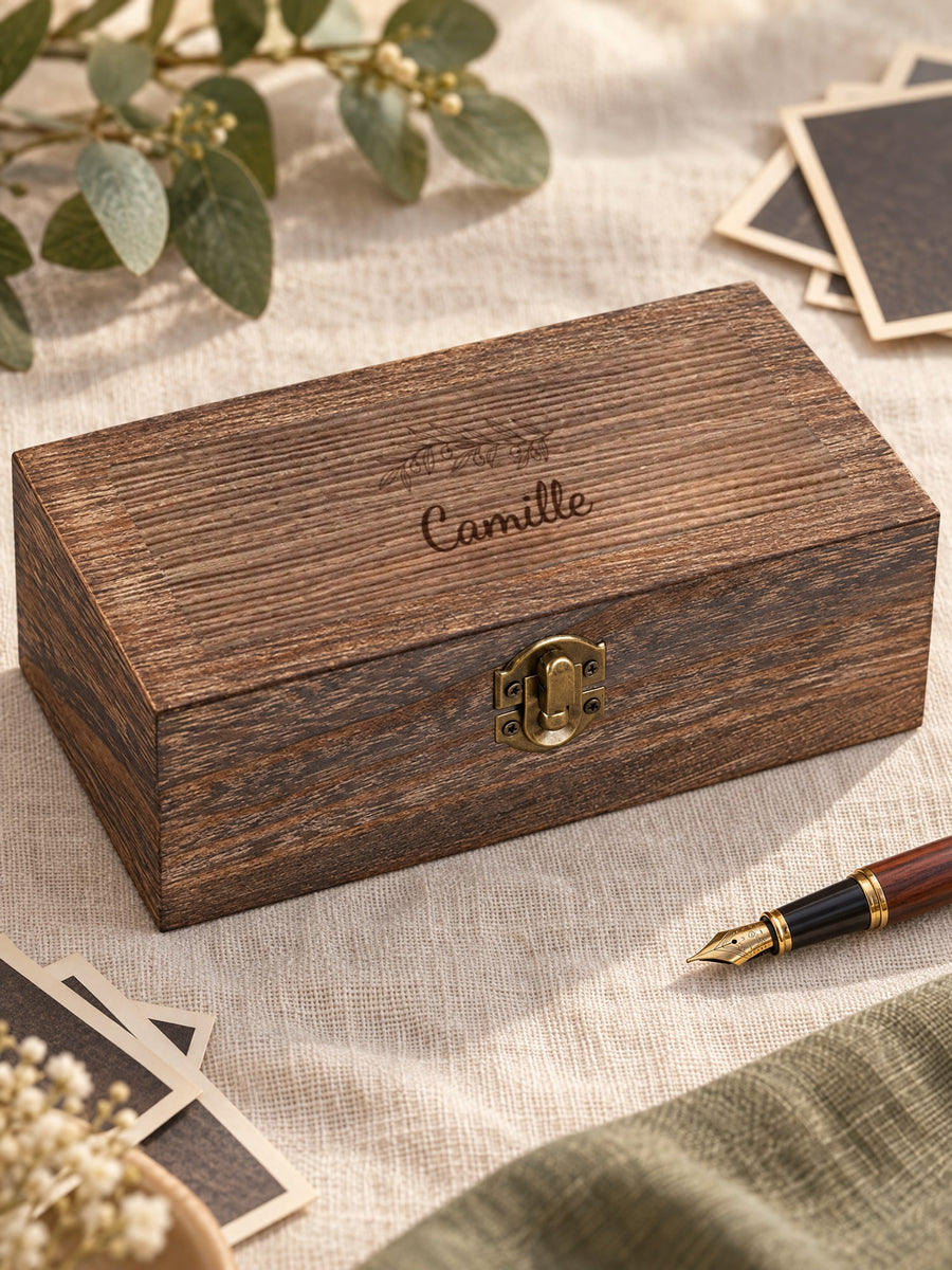 Visuel d’illustration – boîte en bois sur un lin avec des photos et un stylo, gravée « Camille » (exemple)