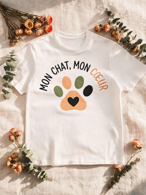 T-shirt chat blanc coton biologique motif patte de chat
