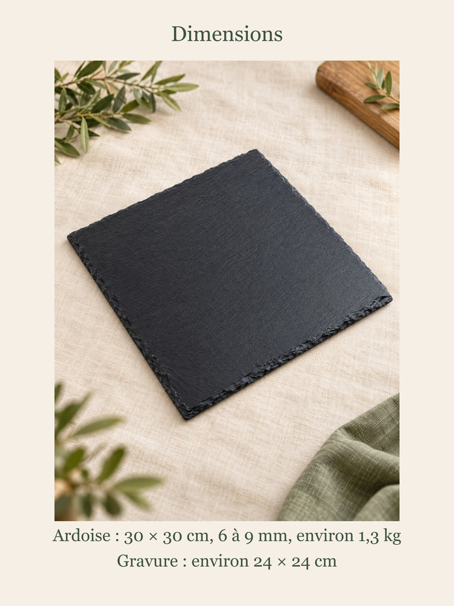 Visuel d’illustration – dimensions de l’ardoise : 30 × 30 cm