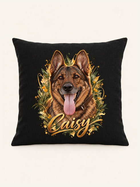 Visuel d’illustration – housse de coussin noire 40 × 40 cm, vue de face, avec le portrait de Caisy, berger allemand, style Portrait signature, prénom en lettres dorées