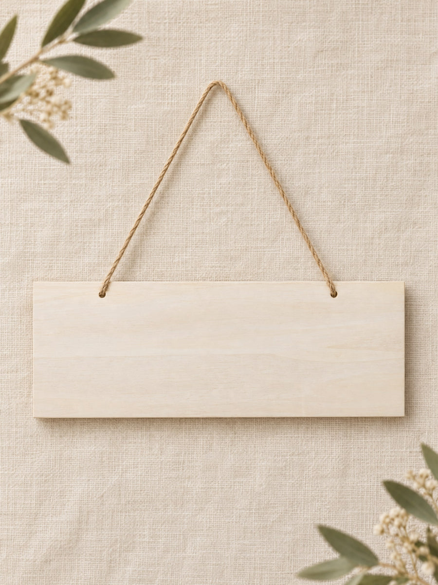 Visuel d’illustration – panneau en bois clair vierge avec sa ficelle de jute, sur un lin crème