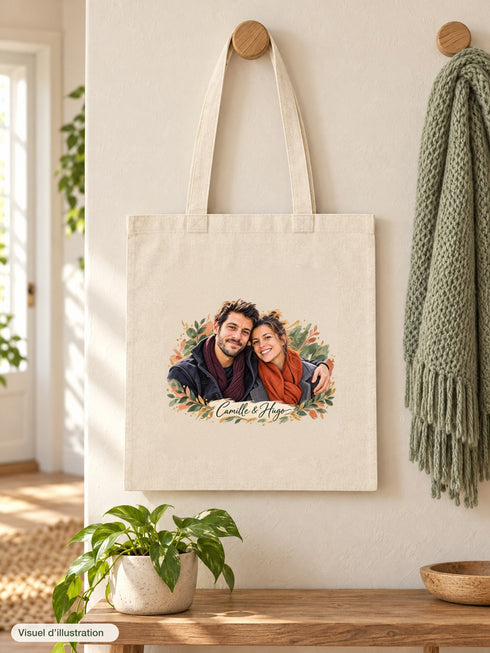 Visuel d’illustration – tote bag accroché à une patère en bois dans une entrée, écharpe et plante verte, avec un portrait de couple fictif en style Portrait signature, prénoms « Camille & Hugo »
