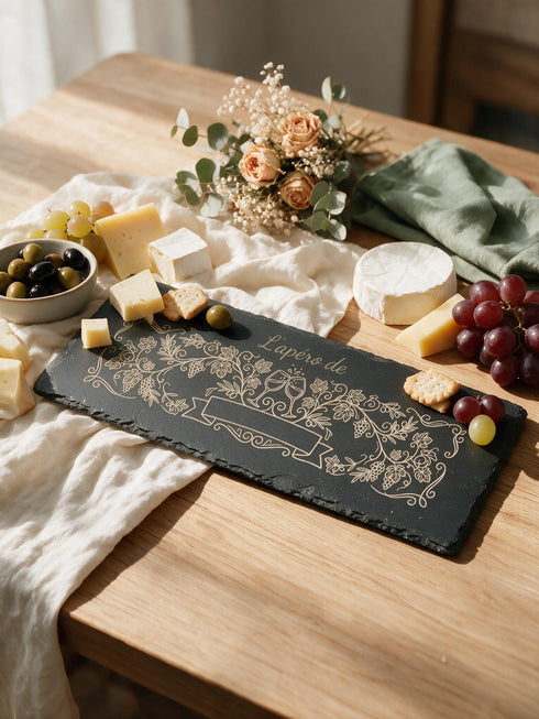 Planche apéro gravée en ardoise avec fromages, olives et raisins
