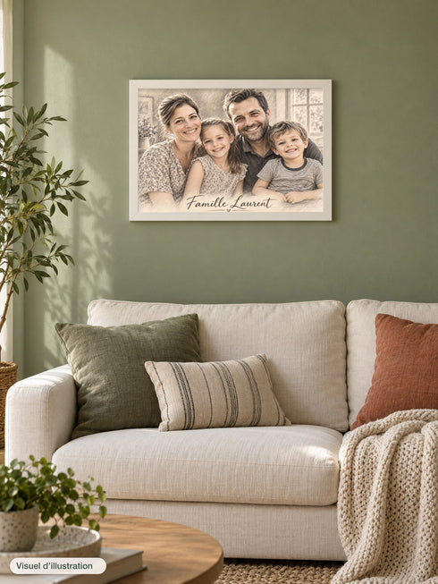 Visuel d’illustration – cadre blanc 30 × 40 cm accroché en paysage au-dessus d’un canapé, avec un portrait de famille fictive en paysage, style plein cadre Crayon sur papier
