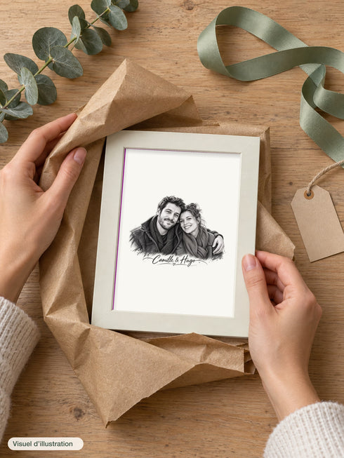 Visuel d’illustration – cadre blanc 13 × 18 cm sorti de son papier cadeau kraft, avec un portrait de couple fictif détouré au crayon, sur papier blanc
