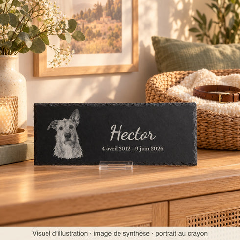Visuel d’illustration, image de synthèse : plaque souvenir en ardoise sur un buffet, près d’un panier vide et d’un collier
