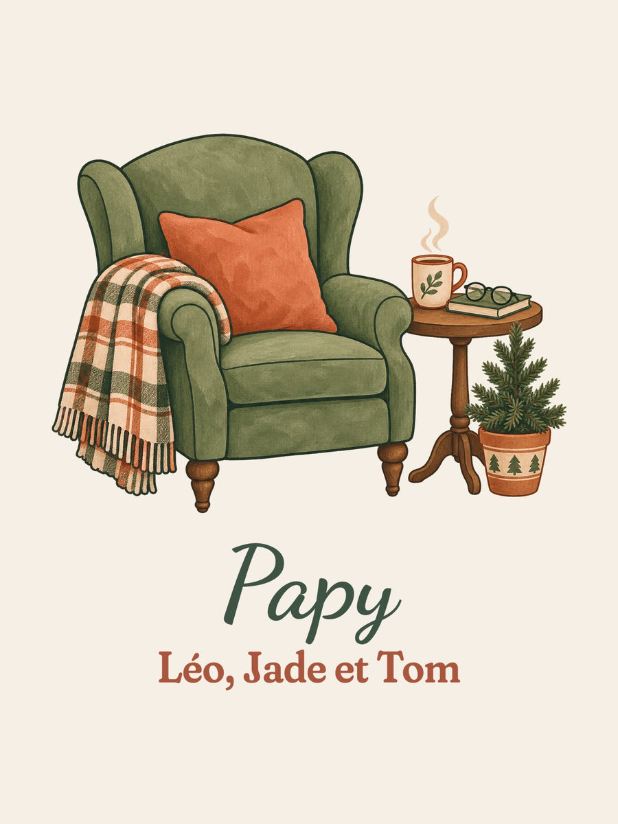 Visuel d’illustration – gros plan du motif : un fauteuil douillet, « Papy » et « Léo, Jade et Tom » (exemple de prénoms)