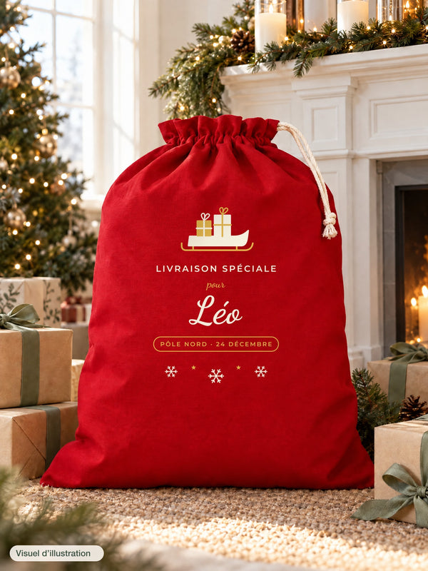 Visuel d’illustration – hotte de Noël rouge remplie de cadeaux près d’une cheminée décorée, avec le modèle « Livraison spéciale » au prénom Léo