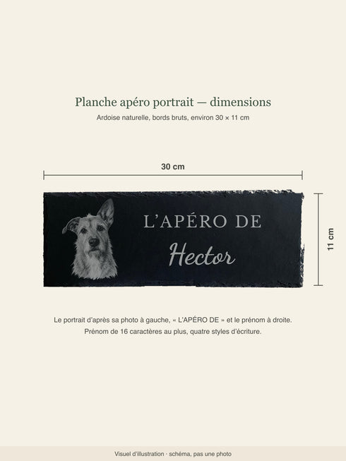 Dimensions de la planche apéro portrait en ardoise, environ 30 × 11 cm