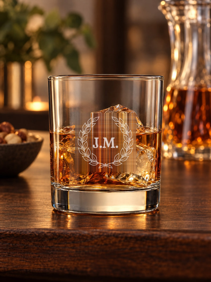 Visuel d’illustration – verre à whisky sur un comptoir en noyer, gravé d’une couronne de laurier et « J.M. » (exemple)