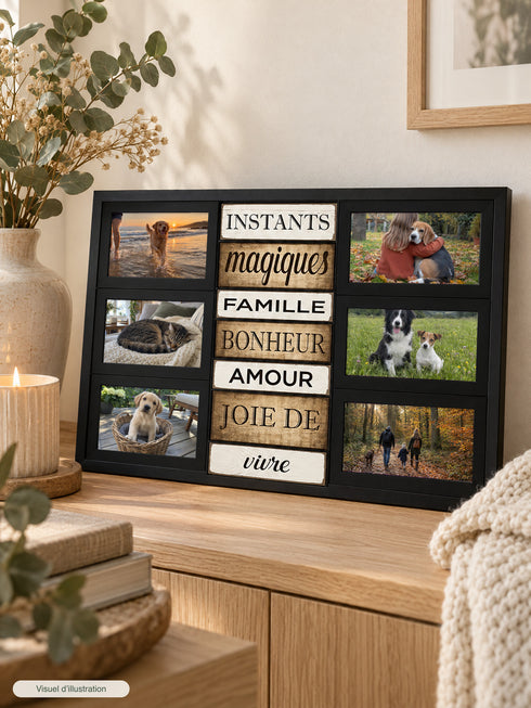 Visuel d’illustration – cadre noir 6 photos « Instants magiques » avec des photos d’illustration de chiens et de chats autour des mots Instants magiques, famille, bonheur, amour, joie de vivre, posé sur un buffet en bois clair contre le mur, eucalyptus et plaid crème
