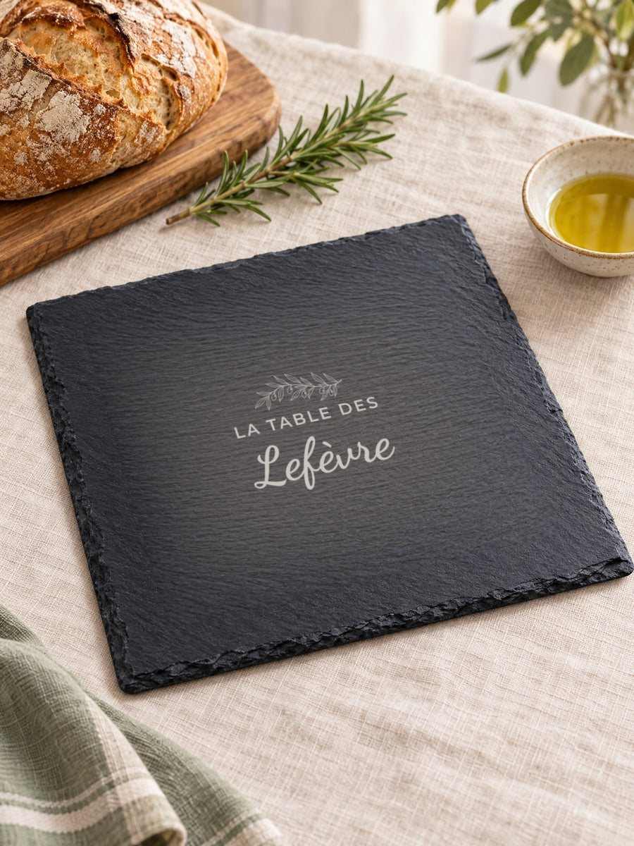 Visuel d’illustration – dessous de plat en ardoise sur une nappe en lin près d’un pain, gravé « La table des Lefèvre » (exemple)