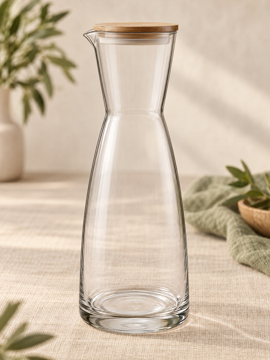 Visuel d’illustration – carafe en verre transparent de 1 litre vierge, avec son couvercle, sur un lin crème