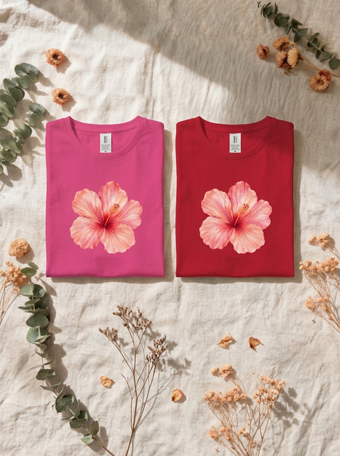 T-shirts femme hibiscus disponibles en Fuchsia et Rouge