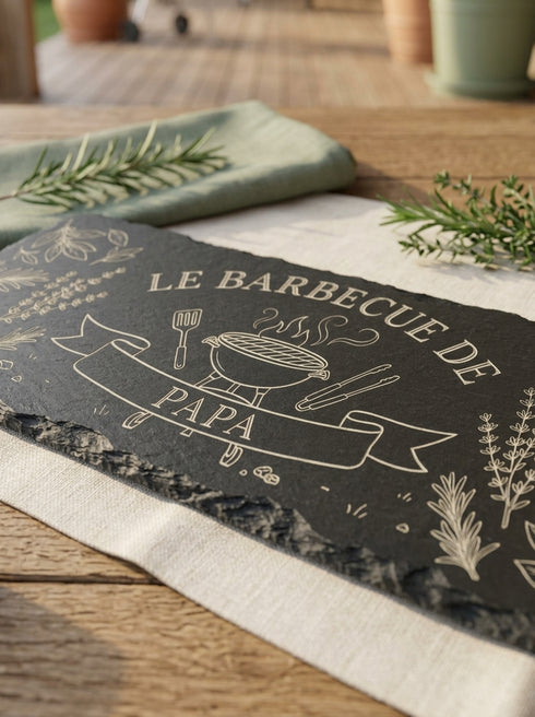 Détail de la gravure laser barbecue sur une planche en ardoise naturelle