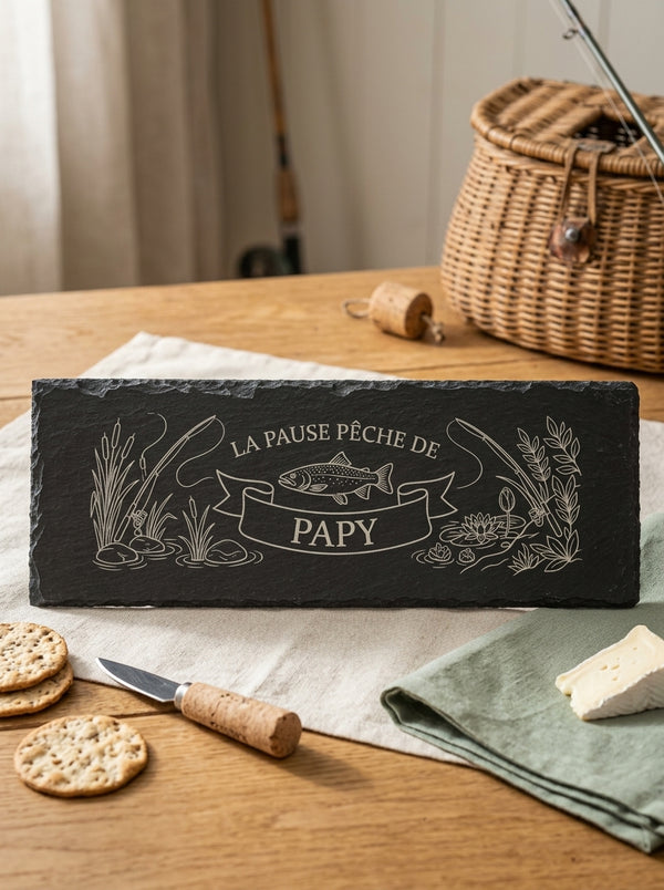 Planche apéro pêche personnalisée en ardoise gravée avec le prénom Papy