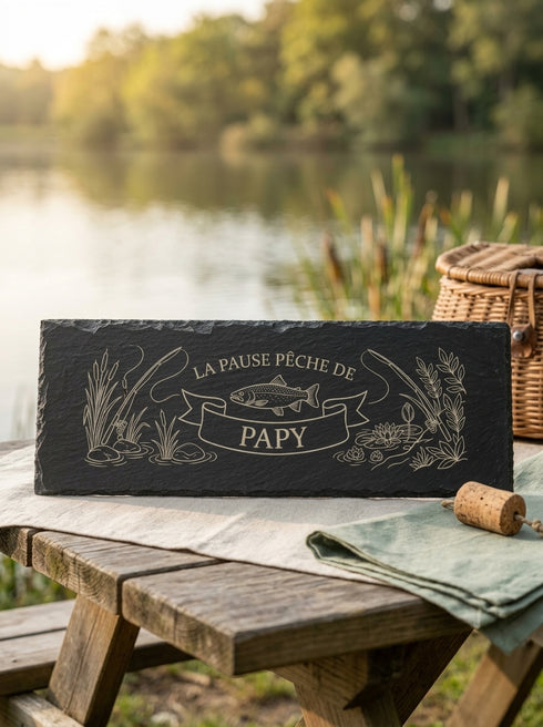 Planche personnalisée pour pêcheur présentée au bord d'un lac