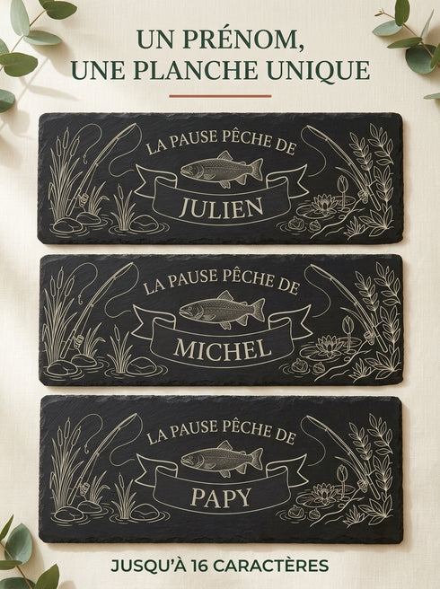 Planche pêche personnalisable avec plusieurs prénoms jusqu'à 16 caractères