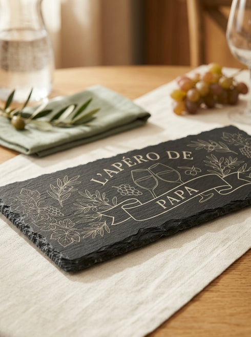 Détail de la gravure laser L'Apéro de sur une planche en ardoise naturelle