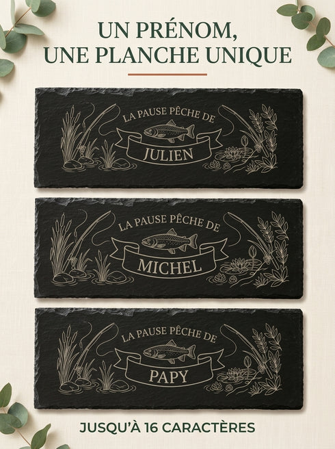 Planche pêche personnalisable avec plusieurs prénoms jusqu'à 16 caractères