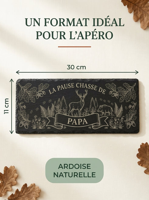 Dimensions de la planche chasse en ardoise personnalisée 30 x 11 cm
