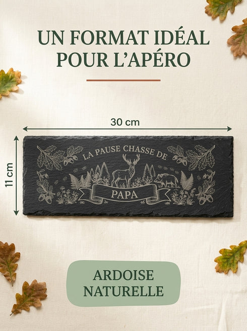 Dimensions de la planche chasse en ardoise personnalisée 30 x 11 cm
