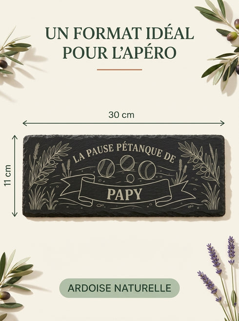 Dimensions de la planche pétanque en ardoise personnalisée 30 x 11 cm
