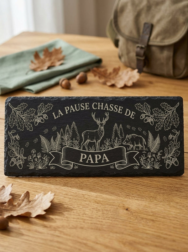 Planche apéro chasse personnalisée en ardoise gravée avec le prénom Papa