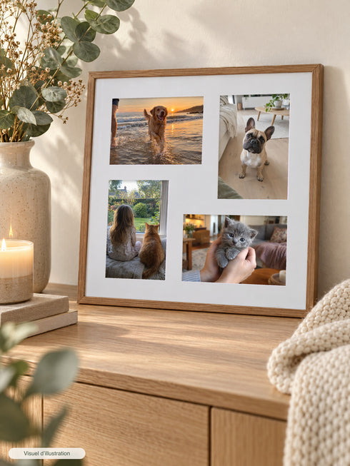 Visuel d’illustration – cadre photo marron aspect bois à passe-partout blanc, avec quatre photos d’illustration de chiens et de chats, deux en paysage et deux en portrait, posé sur un buffet en bois clair contre le mur, eucalyptus, bougie et plaid crème