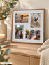 Visuel d’illustration – cadre photo marron aspect bois à passe-partout blanc, avec quatre photos d’illustration de chiens et de chats, deux en paysage et deux en portrait, posé sur un buffet en bois clair contre le mur, eucalyptus, bougie et plaid crème