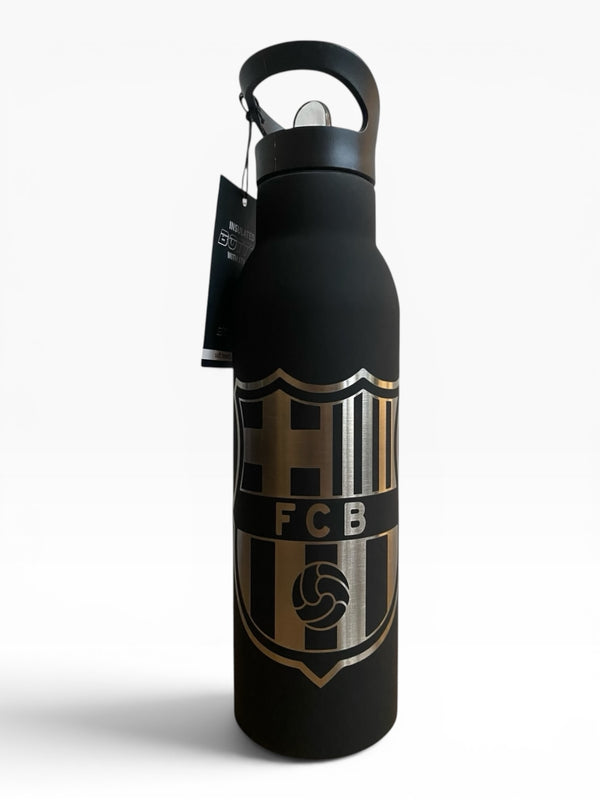 Gourde Barça isotherme 500 ml noir mat blason FC Barcelone argenté gravé haut de gamme